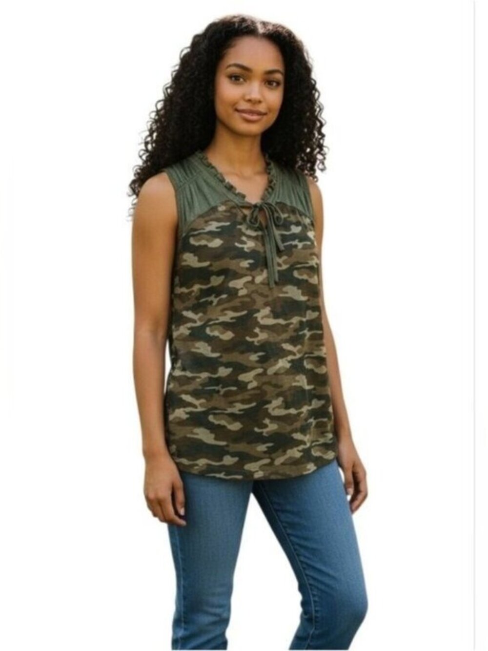 RBX Sleeveless Camo Top With Ruffled Neckline In Olive Size Small